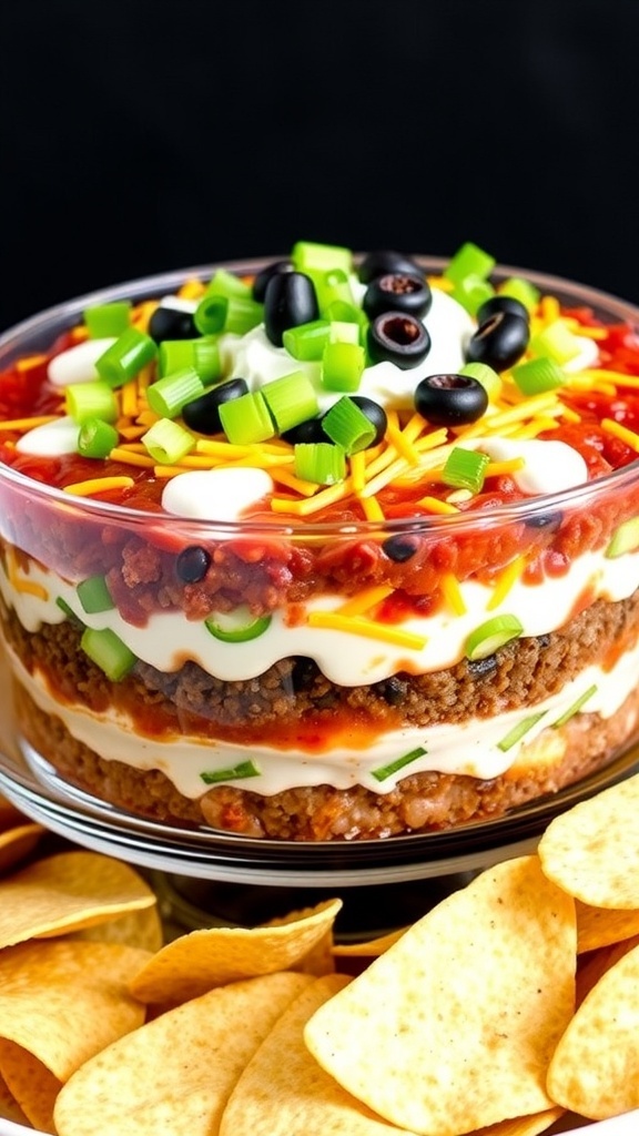 Hearty 7 Layer Dip with Ground Beef A vibrant 7 layer dip with ground beef, beans, guacamole, sour cream, salsa, cheese, and olives, served with tortilla chips.